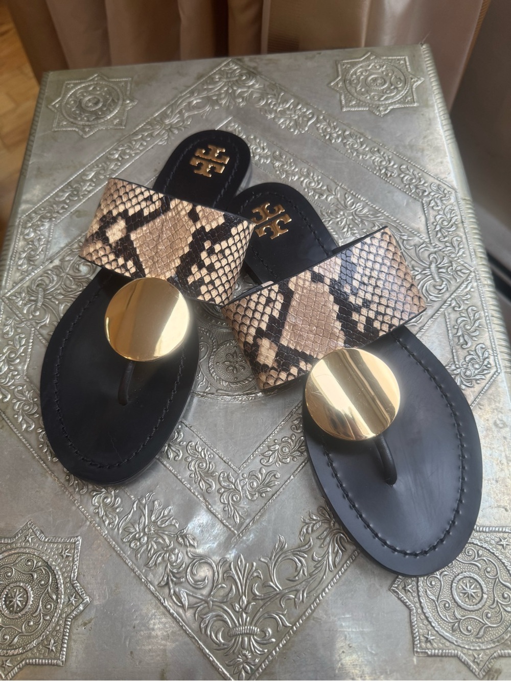 Tory Burch Black Sandal with Snake-Print Strap and Gold Disc